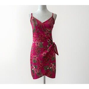 Almost Famous Faux Wrap Sun Dress Spaghetti Strap Pink Tropical Large Resort
